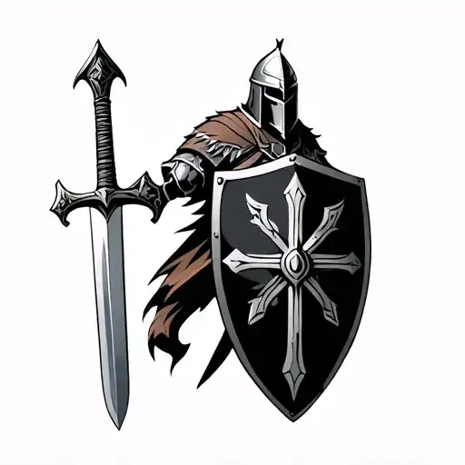 Nordic warrior without helmet, sword and shield tattoo design idea