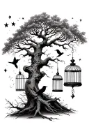 big tree with modern bird cages and stars and moon in the background  tattoo design idea
