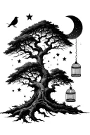 big tree with modern bird cages and stars and moon in the background  tattoo design idea