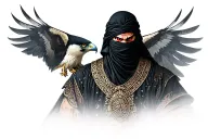 warrior wearing black arabic dress with his face covered and his angry red eyes looking at the camera with a falcon site tattoo design idea