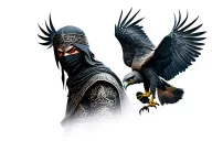 warrior wearing black arabic dress with his face covered and his angry red eyes looking at the camera with a falcon site tattoo design idea