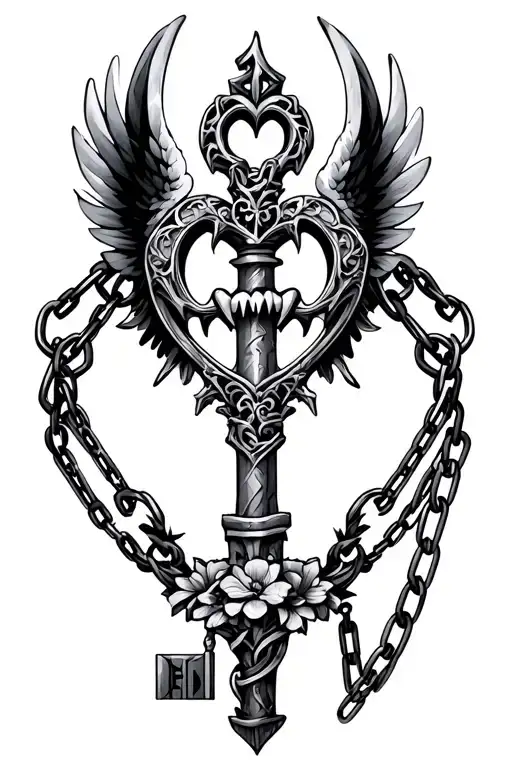 small black tattoo of a kingdom hearts keyblade with key teeth, a single wing, chains and flowers tattoo design idea