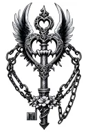 small black tattoo of a kingdom hearts keyblade with key teeth, a single wing, chains and flowers tattoo design idea