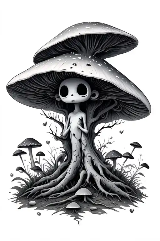 kodama tree spirit in mushroom forest tattoo design idea
