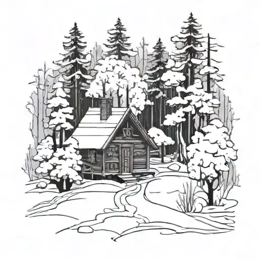 A serene landscape of a cozy cabin in the woods, surrounded by snow-covered trees, representing your love for chilling tattoo design idea