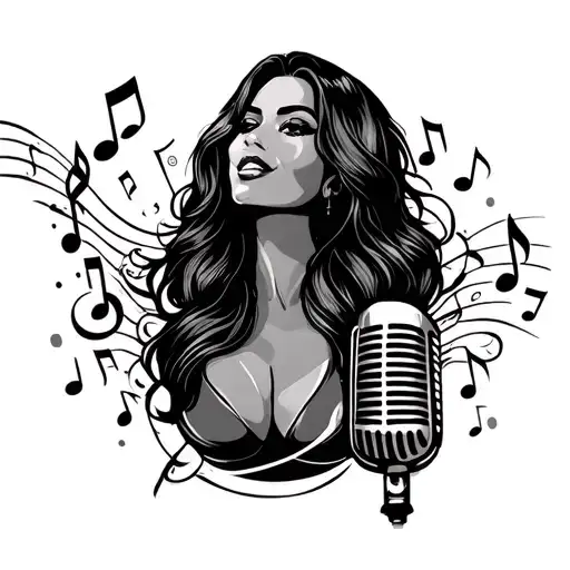 plus size body woman line tattoo with a microphone surrounded by musical notes tattoo design idea