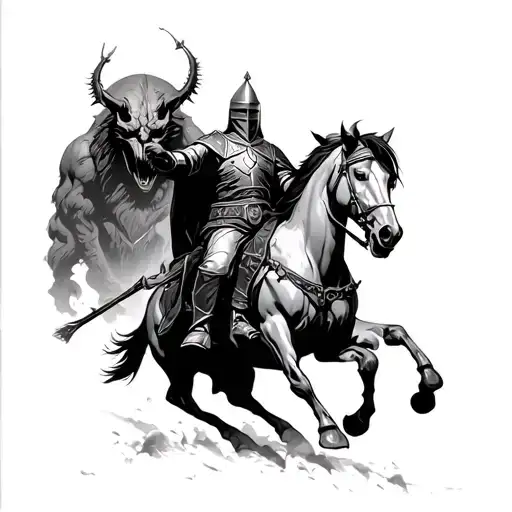 a crusader riding a horse slaying demons tattoo design idea