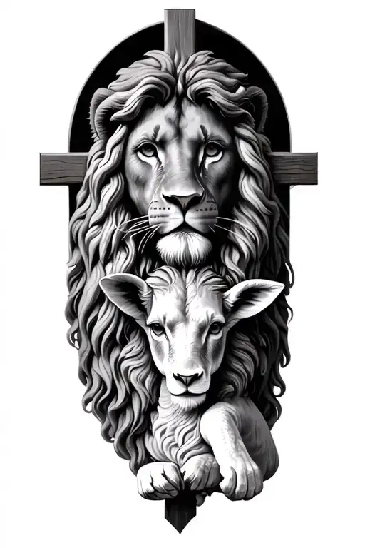 Jesus, Cross, Lion of Judah and Lamb laying together tattoo design idea