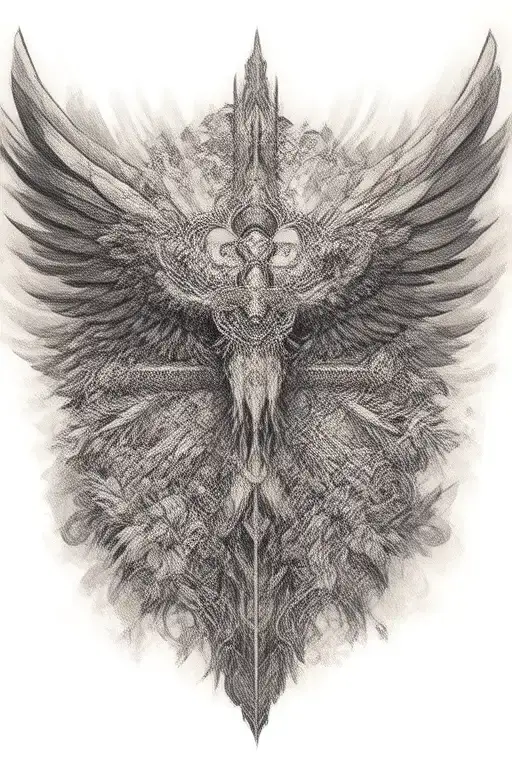 los angels hints, catholic cross with wings, and filipino tribals surrounding it tattoo design idea