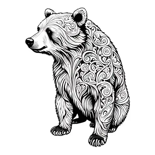 bear from side outline interwined with paisleys minimalistic, draw with more white space and less lines inside the bear. tattoo design idea