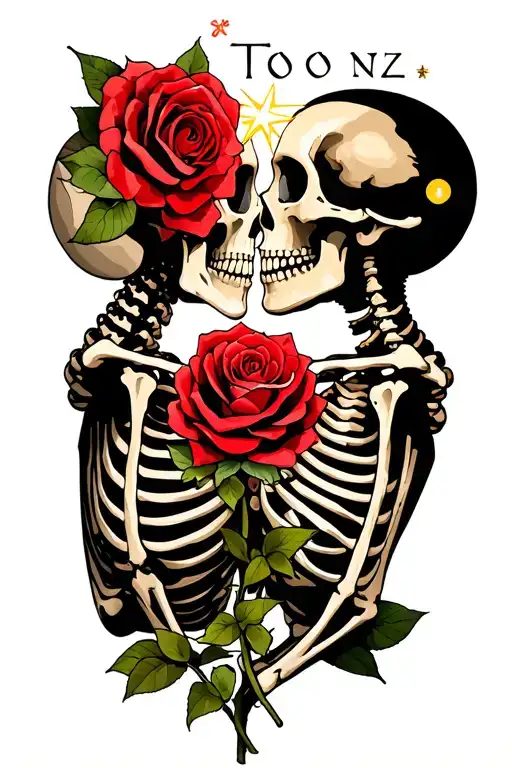 the word 'Tonz' 2 skeletons kissing and Star transforming into a rose tattoo design idea