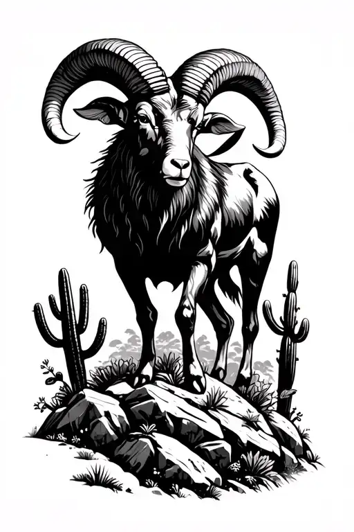 Aries ram standing on rocky slope with cacti in foreground/lower border.  tattoo design idea