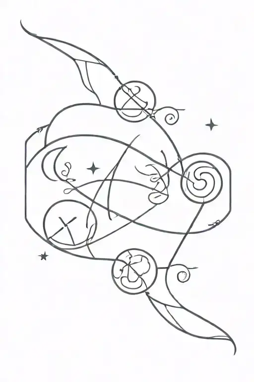a straight line tattoo for the length of the spine, containing the zodiac signs Aquarius, Taurus, Gemini and Pisces, in  tattoo design idea