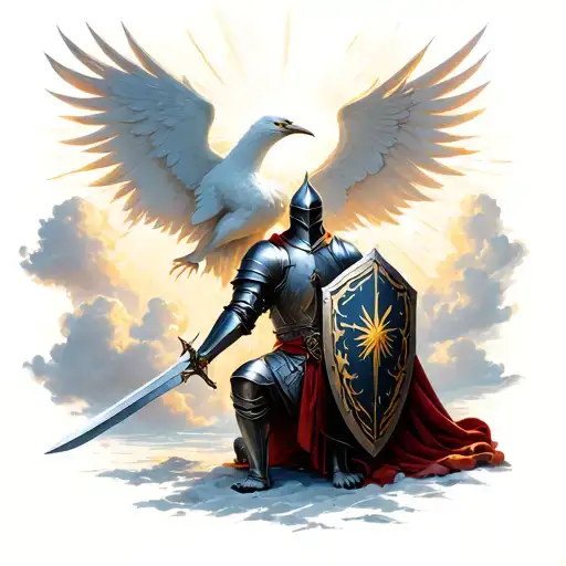 heaven rays clouds templar kneeling knight with sword and shield with phoenix in back ground tattoo design idea