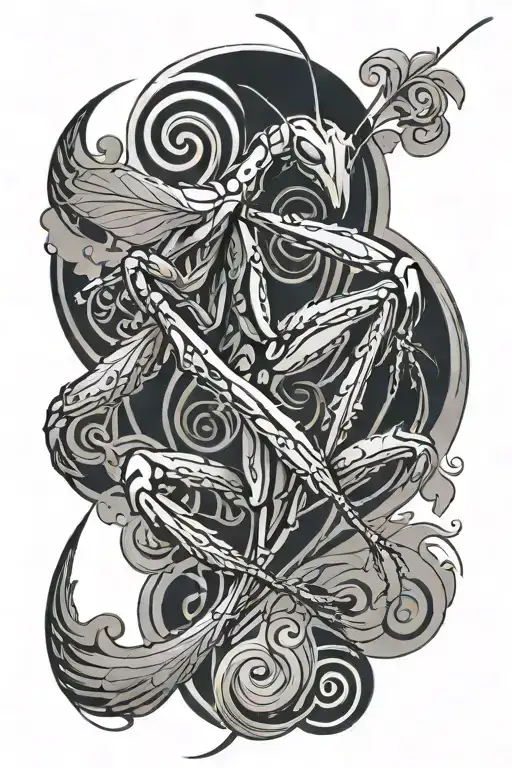 mantis with swirls and brushstrokes and lots of negative space tattoo design idea