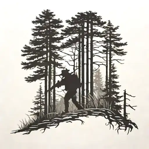 silhouette of pine trees on the sides with in the front a sihouette of a man aiming a hunting rifle and a young boy tattoo design idea