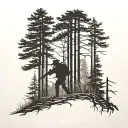 silhouette of pine trees on the sides with in the front a sihouette of a man aiming a hunting rifle and a young boy tattoo design idea