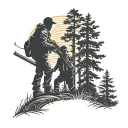 silhouette of pine trees on the sides with in the front a sihouette of a man aiming a hunting rifle and a young boy tattoo design idea