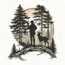 silhouette of pine trees on the sides with in the front a sihouette of a man aiming a hunting rifle and a young boy tattoo design idea