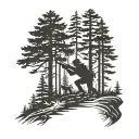 silhouette of pine trees on the sides with in the front a sihouette of a man aiming a hunting rifle and a young boy tattoo design idea