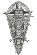 Wizard Owl to represent Andrew Pickens. covered wagon looming behind loaded with rifles to represent Daniel Morgan tattoo design idea