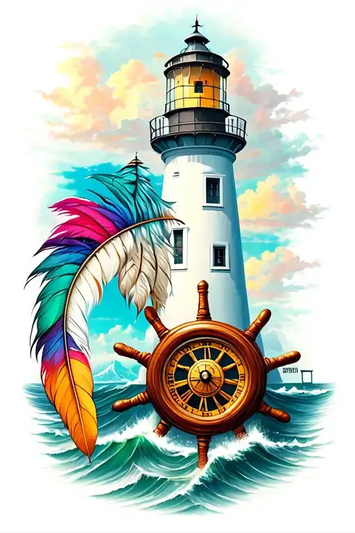 lighthouse with clock and ships wheel and indian feathers tattoo design idea