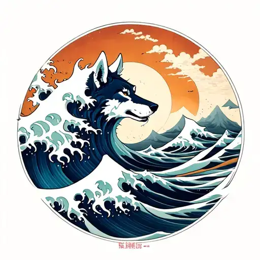 wolf in the sea between a Japanese tsunami-style wave that expresses the phrase "Always flowing, never breaking" tattoo design idea
