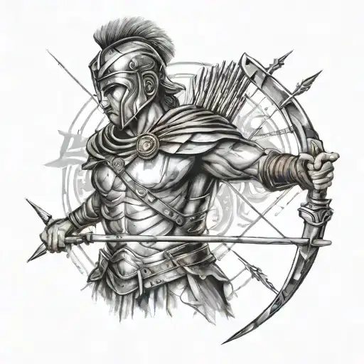Roman warrior with a bow and arrow and 4 arrows tattoo design idea