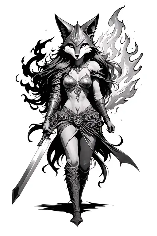 fire princess warrior wielding flaming sword and fox helmet tattoo design idea
