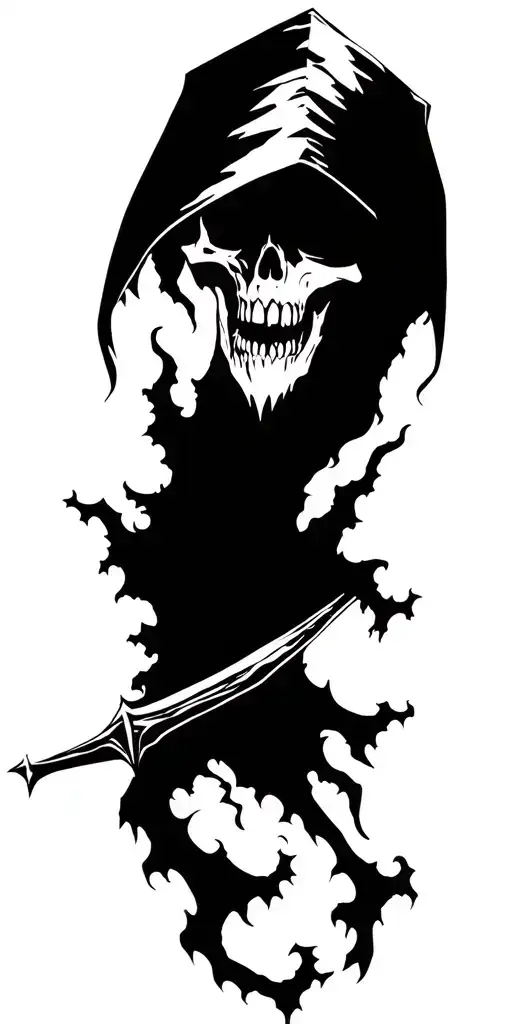 Hooded reaper Silhouette and death and shadow, majestic, terrifying, dark, goth, very grungy, evil tattoo design idea