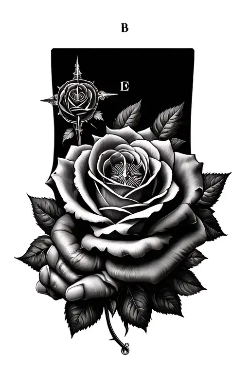 Realistic, from hand with roses to elbow height, a combination of roses on hand to a compass with something and tattoo design idea