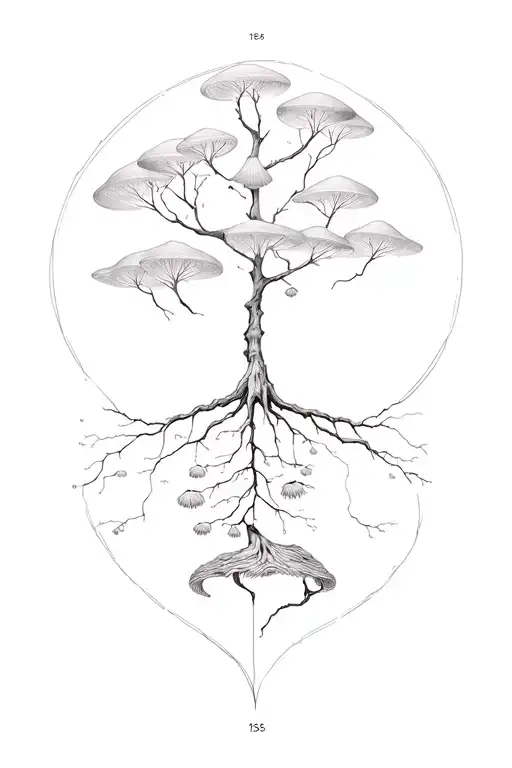 Life tree around the arm, coection lines with a mycelium and a fungus, add connection line with 1935 tattoo design idea