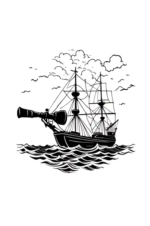man on ship looking through a telescope into the night sky in dark ocean and storm  tattoo design idea