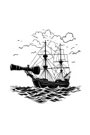 man on ship looking through a telescope into the night sky in dark ocean and storm  tattoo design idea