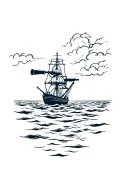 man on ship looking through a telescope into the night sky in dark ocean and storm  tattoo design idea