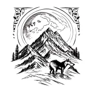 Mountain with full moon in the background that incorporates blackfoot native totem poles and a wolf tattoo design idea