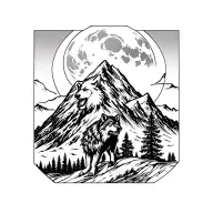 Mountain with full moon in the background that incorporates blackfoot native totem poles and a wolf tattoo design idea