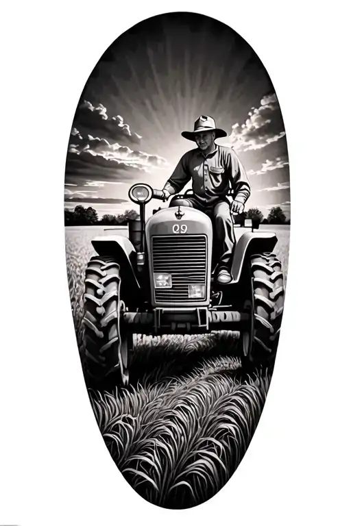A black-grey tattoo of a farmer on a tractor, working the fields with a beautiful sunset in the background tattoo design idea