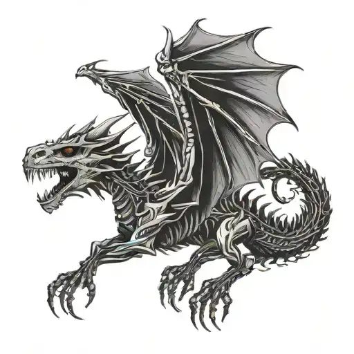 A black skeleton dragon flying straight upward with wings spread tattoo design idea