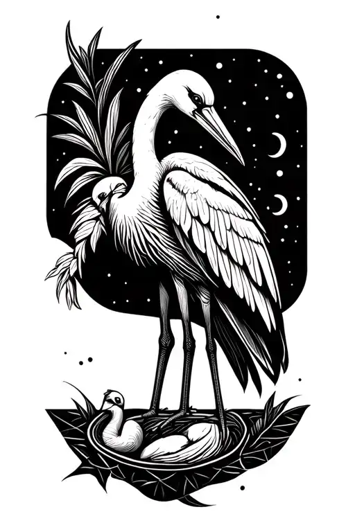 stork with baby bundle. fine line. midwife tattoo design idea
