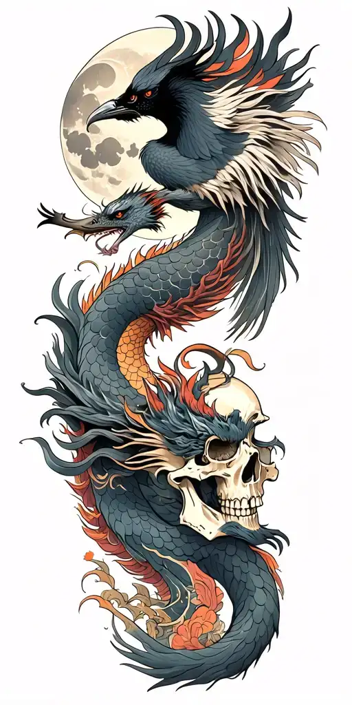 Chinese dragon and phoenix and skull and moon and raven tattoo design idea
