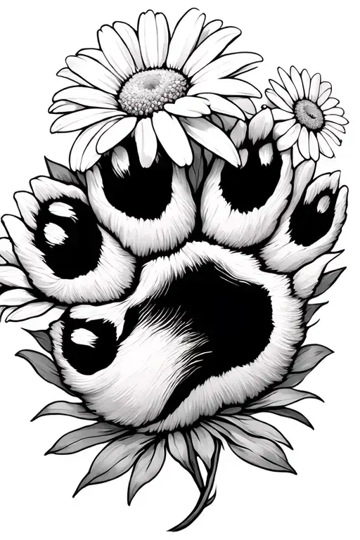 Dog paw print below daisy flower with floating petals tattoo design idea