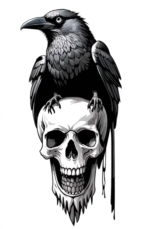 evil looking crow sitting on a skull tattoo design idea