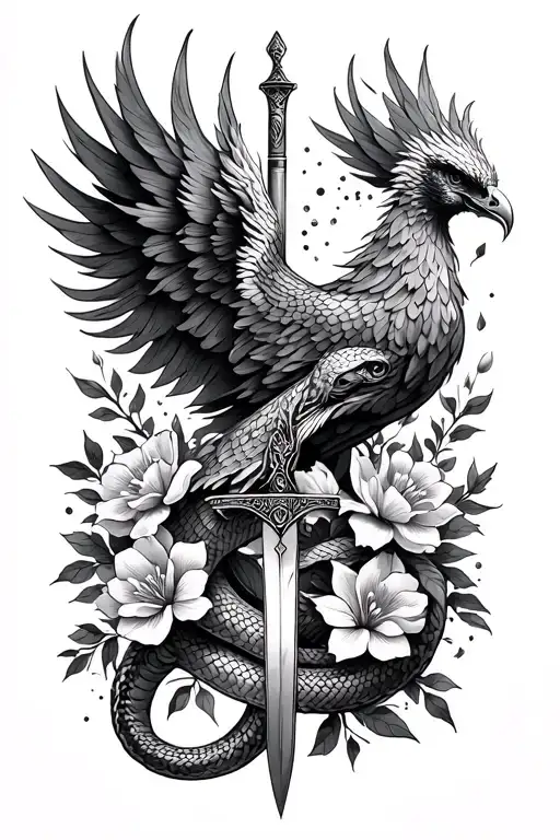 dagger, flowers, snakes and rising phoenix,  tattoo design idea