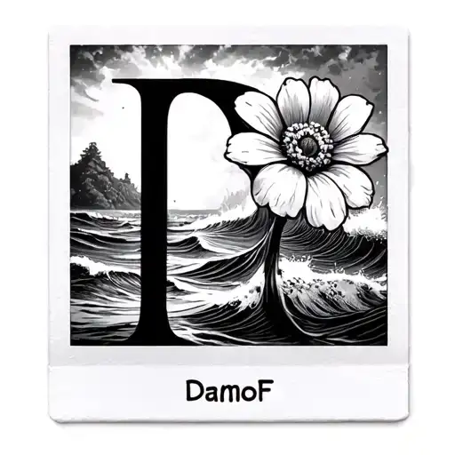 DtMF with maga flower poking out the top of the F and a polaroid picture with waves poking out the bottom corner of the  tattoo design idea