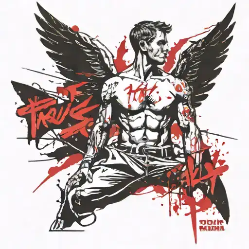 topless muscular male angel with slogan 'trust yourself' tattoo design idea