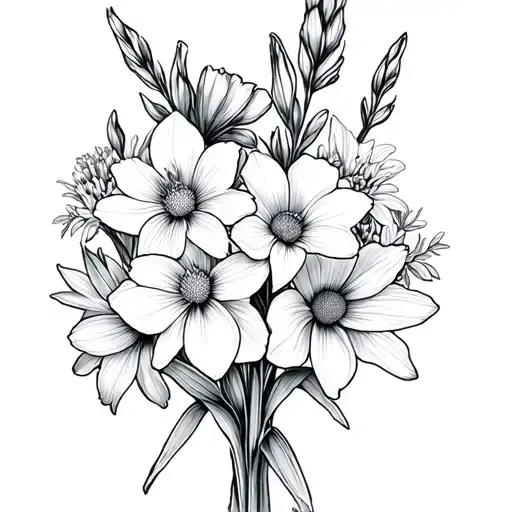 gladiolus, aster, carnation, narcissus small fine line flower bouquet tattoo design idea