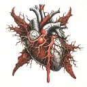 Silver Realistic Human Heart, bleeding, wrapped in thorns, bloody, Black red, veins Vessels, Aorta valve, dripping blood tattoo design idea