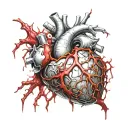Silver Realistic Human Heart, bleeding, wrapped in thorns, bloody, Black red, veins Vessels, Aorta valve, dripping blood tattoo design idea