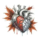 Silver Realistic Human Heart, bleeding, wrapped in thorns, bloody, Black red, veins Vessels, Aorta valve, dripping blood tattoo design idea